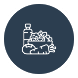 Icon of food products including a bottle, a bowl of salad, a loaf of bread, and a carrot within a dark circle.
