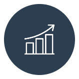 Icon depicting a three-bar graph with an upward arrow, symbolizing growth or progress, enclosed in a dark circle.